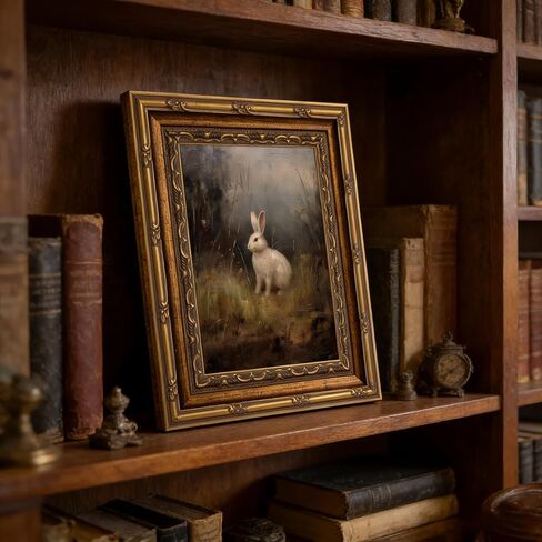 Vintage Gold Carved Frame Canvas Wall Art Hare Rabbit Painting Picture Wall Decor Retro Dark Rabbit Poster Print Artwork for Living Room 9x11in in Saudi Arabia