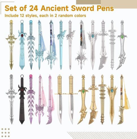 Ancient Sword Pens, 24 Pcs Cool Sword Shaped Gel Ink Pens in 12 Styles, Plastic in Saudi Arabia