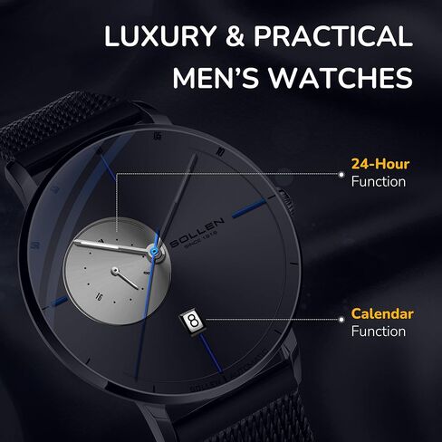 SOLLEN Automatic Watches for Men,Men's Automatic Watch,Original Mechanical Watch Movement,3ATM Water Resistant,Luminous Hands,Calendar and 24-Hour Display,Minimalist Self-Winding Wrist Watches for Men in Saudi Arabia