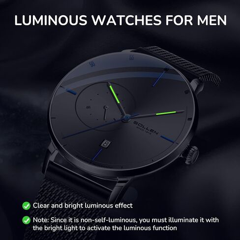 SOLLEN Automatic Watches for Men,Men's Automatic Watch,Original Mechanical Watch Movement,3ATM Water Resistant,Luminous Hands,Calendar and 24-Hour Display,Minimalist Self-Winding Wrist Watches for Men in Saudi Arabia