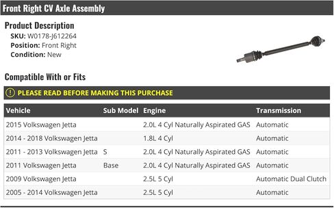 Front Right Passenger Side CV Axle Assembly - Compatible with 2005-2018 Volkswagen Jetta in Saudi Arabia