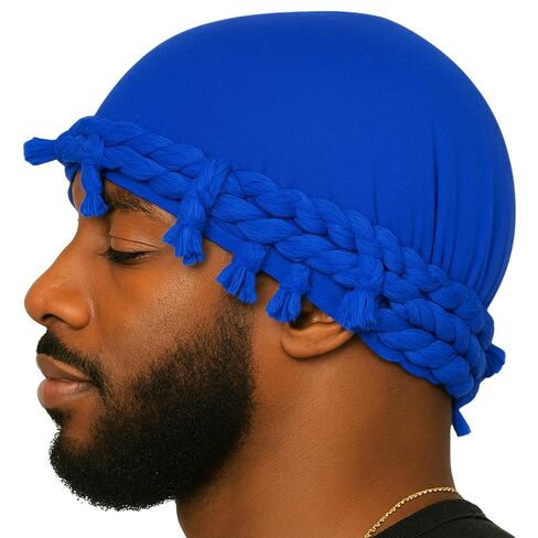 غطاء رأس مبطن من الحرير الساتان هالو عمامة فائق الجودة، شرابة مربوطة مسبقًا للرجال والنساء، قبعة توربان مموجة (أزرق ملكي) in Kuwait