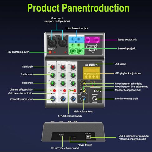 جهاز مزج الصوت الاحترافي من Aveek، وحدة تحكم خلط لوحة الصوت مع 4 قنوات رقمية USB بلوتوث تأثير تأخير الصدى، مدخلات 48 فولت طاقة فانتوم ستيريو DJ خلاطات للتسجيل والبث المباشر والبث الصوتي in Kuwait