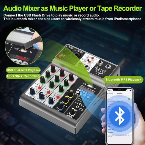 جهاز مزج الصوت الاحترافي من Aveek، وحدة تحكم خلط لوحة الصوت مع 4 قنوات رقمية USB بلوتوث تأثير تأخير الصدى، مدخلات 48 فولت طاقة فانتوم ستيريو DJ خلاطات للتسجيل والبث المباشر والبث الصوتي in Kuwait