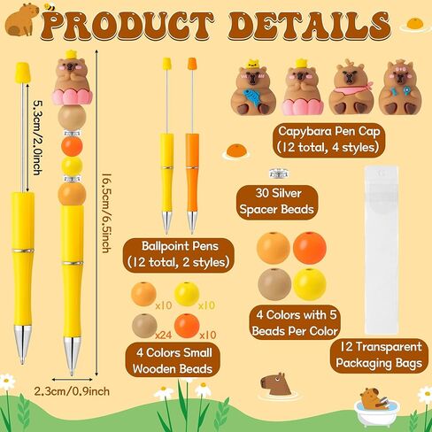 CY2SIDE Capybara Beadable Pens Making Kit - 12PCS DIY Fun Animal Black Ink Plastic Ballpoint Pens with Assorted Wood Beads and Crystal Round Spacer Bulk for Kid, Capybara Party Favor for School Reward in Saudi Arabia