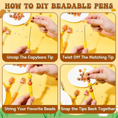 CY2SIDE Capybara Beadable Pens Making Kit - 12PCS DIY Fun Animal Black Ink Plastic Ballpoint Pens with Assorted Wood Beads and Crystal Round Spacer Bulk for Kid, Capybara Party Favor for School Reward in Saudi Arabia
