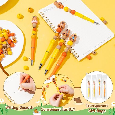 CY2SIDE Capybara Beadable Pens Making Kit - 12PCS DIY Fun Animal Black Ink Plastic Ballpoint Pens with Assorted Wood Beads and Crystal Round Spacer Bulk for Kid, Capybara Party Favor for School Reward in Saudi Arabia