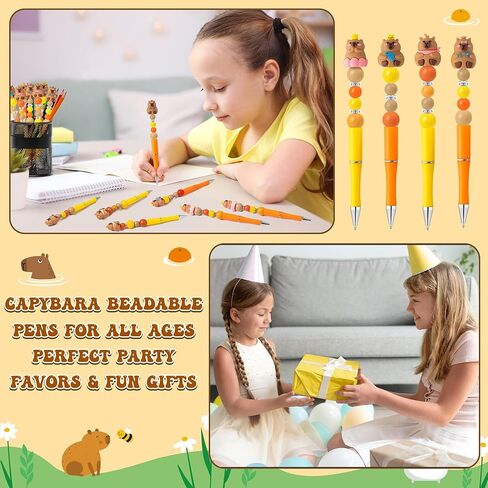 CY2SIDE Capybara Beadable Pens Making Kit - 12PCS DIY Fun Animal Black Ink Plastic Ballpoint Pens with Assorted Wood Beads and Crystal Round Spacer Bulk for Kid, Capybara Party Favor for School Reward in Saudi Arabia