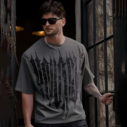 Men’s Oversized Graphic T-Shirt Drop-Shoulder Baggy Streetwear TeeBreathable Stretch Jersey Gothic Workout Casual in Saudi Arabia