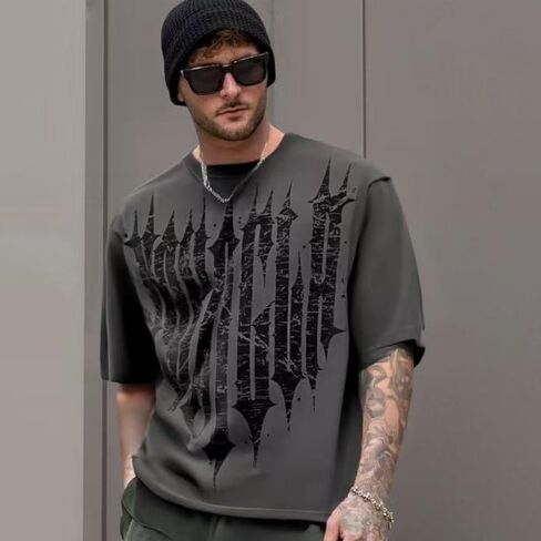 Men’s Oversized Graphic T-Shirt Drop-Shoulder Baggy Streetwear TeeBreathable Stretch Jersey Gothic Workout Casual in Saudi Arabia