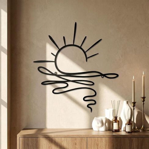 Pelopy Sun Metal Wall Art Abstract Sunrise Sunset Sign Minimalist Black Line Wall Art Decor Sea Wave Modern Hanging Decor for Living Room Kitchen Bedroom Outdoor Housewarming Gifts 16.9 x 12.2 Inch in Kuwait