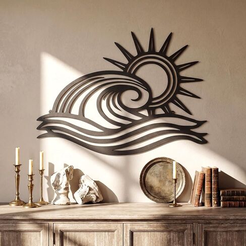 Pelopy Sun Metal Wall Art مجردة شروق الشمس غروب الشمس علامة الحد الأدنى خط أسود جدار الفن ديكور البحر موجة الحديثة ديكور معلق لغرفة المعيشة المطبخ غرفة نوم في الهواء الطلق هدايا هووسورمينغ 16.9 × 12.2 بوصة in Kuwait