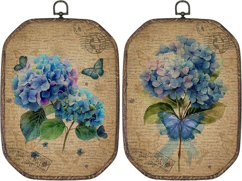 AEHIE Vintage Hydrangea Octagon Wall Art Decor, Preppy Coquette Bow Floral Bouquet Canvas Hanging Decor, Hydrangea Botanical Wall Decorations for Home Bedroom Living Room, 10.2x7 Inches Set of 2 in Saudi Arabia
