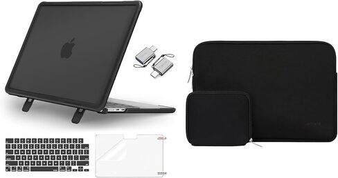 حافظة MOSISO متوافقة مع جهاز MacBook Air 13.6 بوصة 2022-2024 M3 A3113 M2 A2681، حافظة صلبة بلاستيكية مقاومة للصدمات شديدة التحمل مع مسند قابل للطي وغطاء لوحة مفاتيح وواقي شاشة ونوع C وحقيبة نيوبرين، أسود in Saudi Arabia