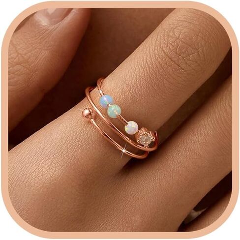 LOVECOM 14K Gold Plated Filled Fidget Rings With Opal S925 Sterling Silver Adjustable Open Anxiety Ring for Women Cute Stress Relieving Spinner Ring With Beads Jewelry Christmas Gifts for Mom in Kuwait