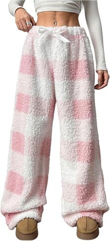 MakeMeChic Women's Winter Lounge Pants Plaid Fuzzy Elastic Waist Bow Knot Trousers in Kuwait