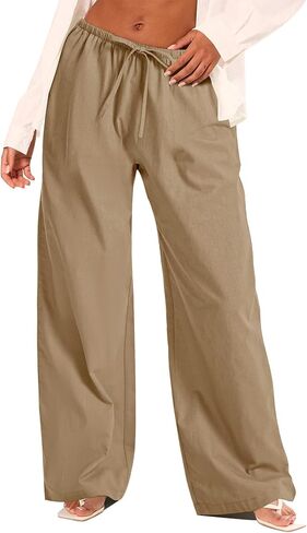 AKEWEI Women Cotton Linen Summer Palazzo Pants Drawstring Waist Wide Leg Lightweight Beach Trousers with Pockets in Kuwait