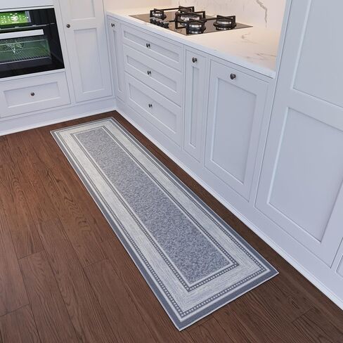 Ottomanson Runner Rug 1'10" x 7' – Non Slip Rubber Backed Kitchen Rug for Sink Area, Hallway Carpet Runner, Low Pile Indoor Runner Rug for Laundry Room and Entryway, Border Light Gray in Saudi Arabia