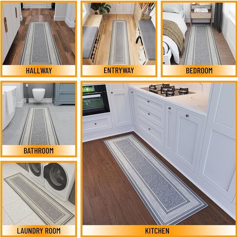 Ottomanson Runner Rug 1'10" x 7' – Non Slip Rubber Backed Kitchen Rug for Sink Area, Hallway Carpet Runner, Low Pile Indoor Runner Rug for Laundry Room and Entryway, Border Light Gray in Saudi Arabia