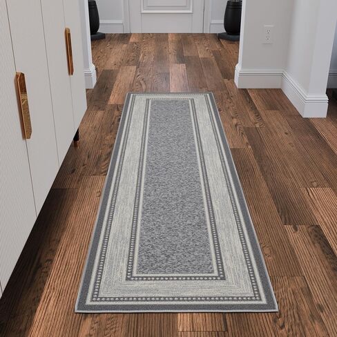Ottomanson Runner Rug 1'10" x 7' – Non Slip Rubber Backed Kitchen Rug for Sink Area, Hallway Carpet Runner, Low Pile Indoor Runner Rug for Laundry Room and Entryway, Border Light Gray in Saudi Arabia