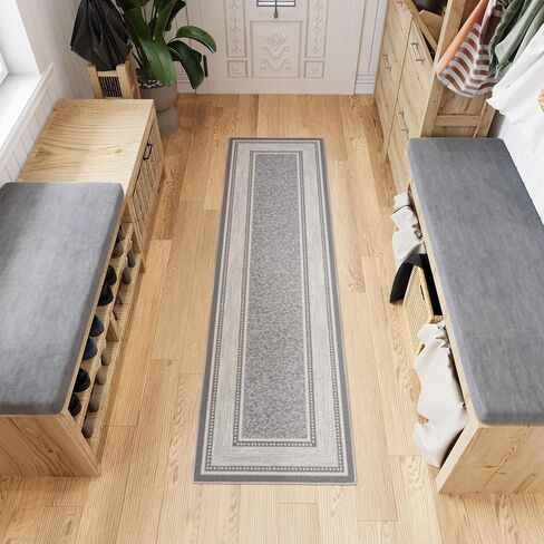 Ottomanson Runner Rug 1'10" x 7' – Non Slip Rubber Backed Kitchen Rug for Sink Area, Hallway Carpet Runner, Low Pile Indoor Runner Rug for Laundry Room and Entryway, Border Light Gray in Saudi Arabia