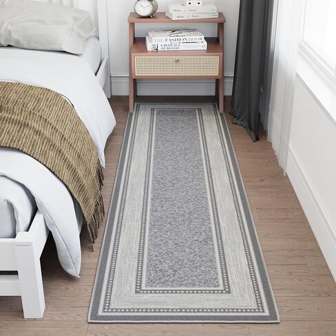 Ottomanson Runner Rug 1'10" x 7' – Non Slip Rubber Backed Kitchen Rug for Sink Area, Hallway Carpet Runner, Low Pile Indoor Runner Rug for Laundry Room and Entryway, Border Light Gray in Saudi Arabia