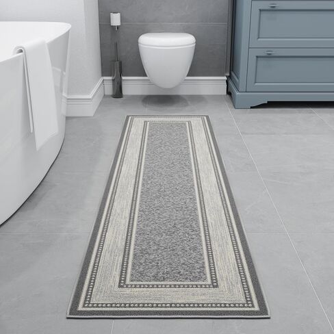 Ottomanson Runner Rug 1'10" x 7' – Non Slip Rubber Backed Kitchen Rug for Sink Area, Hallway Carpet Runner, Low Pile Indoor Runner Rug for Laundry Room and Entryway, Border Light Gray in Saudi Arabia