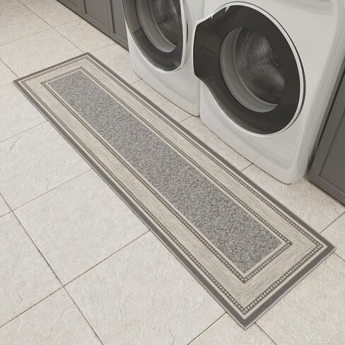 Ottomanson Runner Rug 1'10" x 7' – Non Slip Rubber Backed Kitchen Rug for Sink Area, Hallway Carpet Runner, Low Pile Indoor Runner Rug for Laundry Room and Entryway, Border Light Gray in Saudi Arabia