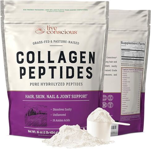 Live Conscious Collagen Peptides Powder Unflavored Packets-Hydrolyzed Collagen Powder-Hair, Skin, Nail, & Joint Support-Type I & III Grass-Fed Collagen Supplements for Women and Men - Pack of 20 (2Pk) in Kuwait