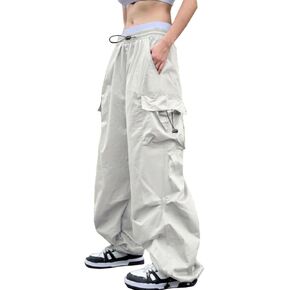 Baggy Cargo Pants for Women Parachute Drawstring Ruched Track Pants Multiple Pockets Jogger Y2K Pants Beige in Kuwait