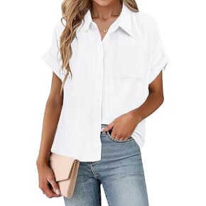 SEMARO Womens Cotton Linen Button Down Shirts Casual Short Sleeve Solid Summer Blouses Tops with Pocket in Kuwait