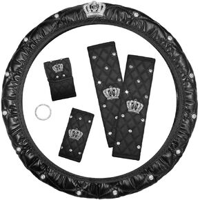 6PCS Bling Car Accessories Set, Sparkly Steering Wheel Protector w/Seatbelt Gearshift Handbrake Cover & Start Button Ring, Soft Leather Car Accessories Decorative Full Set (Pink) in Kuwait