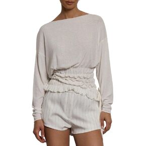 Women Trendy Boat Neck Long Sleeve Smocked T Shirt Fall Elegant Drawstring Asymmetrical Hem Shirred Shirt Tops in Kuwait