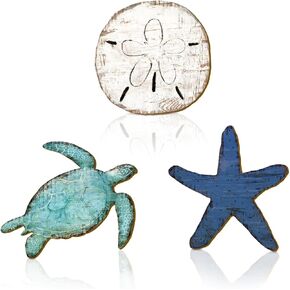 AceOrbit 3 Pcs Vintage Coastal Wooden Wall Decor Ocean Sea Turtle, Starfish & Sand Dollar Wall Art Rustic Beach Theme Hanging Decoration Gifts for Living Room, Bathroom, Bedroom in Kuwait