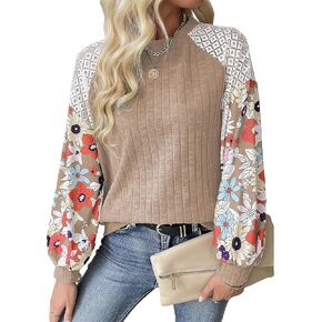 SELINK Womens Ribbed Knit Long Sleeve Top Casual Floral Print Loose Crewneck Pullover Shirts in Kuwait
