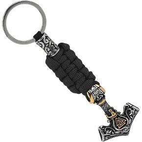 سلسلة مفاتيح Viking Thor Hammer - قلادة Mjolnir من الفولاذ المقاوم للصدأ مع حبل باراكورد مضفر، هدية تميمة Norse EDC للرجال (لكنة ذهبية) in Kuwait