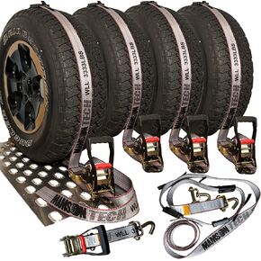 Premium Car Hauler Tie-Down Straps, 4 Pack – 10,000 lb Break Strength, DOT-Compliant Ratchet System with Swivel J-Hooks & Tire Cleats, 2" x 12’ for Professional Auto Transport in Kuwait