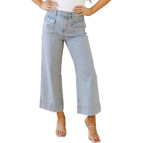 EARKOHA Women's Jeans Sky Blue Stripe Button Flap Pocket Cuffed Hem Wide Leg Jeans in Kuwait