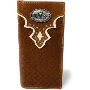 Western Genuine Leather Basketweave Metal Concho Mens Long Bifold Wallet in Multi Emblem (Brown Praying Cowboy) in Kuwait