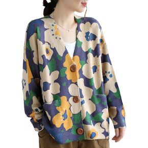 LZJN Women's Cardigan Sweater Graphic Printed Oversized V-Neck Casual Loose Knit Outwear with Pockets in Kuwait