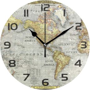 Vintage World Map Round Wall Clock Silent Non Ticking, Retro Arabic Numerals Design Clock for Home,Office,School Art Decorative in Saudi Arabia
