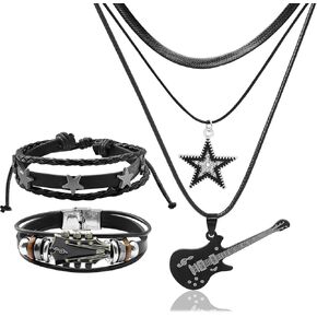 3 Pcs Emo Grunge Star Guitar Leather Bracelet Necklace Set for Women Men Layered Y2k Star Guitar Necklaces Retro PU Music Bracelets Punk Stars Bracelet Music Shape Alt Punk Rock Outfits in Kuwait