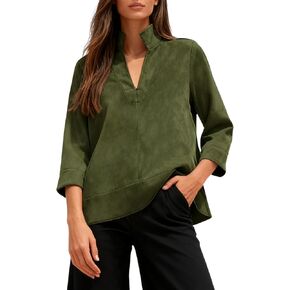 Yidarer Women's Faux Suede Tunic Tops V-Neck 3/4 Sleeve Stand Collar Relaxed Fit Blouse 2026 Casual Daily Wear in Kuwait
