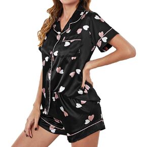 ICNGLKSND Women Satin Heart Short Pajama Set 2PCS Lounge Lingerie with Chest Pocket Button Up Nightshirt Baggy Bottom Shorts in Kuwait