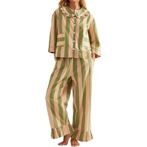 XBTCLXEBCO Womens Striped 2 Piece Pajamas Sets Long Sleeve Button Babydoll Shirt Tie Up Ruffle Pants Lounge Set Y2K Sleepwear in Kuwait