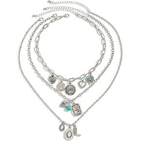 Layered Boho Necklaces for Women Turquoise Western Jewelry for Women Cactus Ox-Head Cross Hat Boots Country Necklace Stack Cowboy Cowgirl Necklace Bohemian Concert Outftis for Women Western Accessories Summer Beach Jewelry in Kuwait