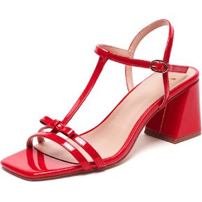 Women's Chunky Heel Strappy Sandals - Square Toe T-Strap Bow Detail Block Heels Open Toe Dress Shoes for Wedding, Party, Summer in Kuwait