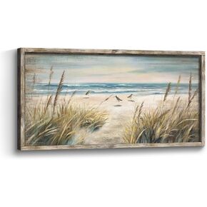 Beach Coastal Framed Wall Art: Ocean Sea Bird Seagull Painting Picture Wooden Peaceful Seaside Sand Seascape Artwork Print Decor for Bedroom Living Room Office in Saudi Arabia