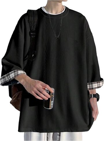 OYOANGLE Men's Textured 3/4 Sleeve Drop Shoulder T Shirt Loose Fit Plaid Cuff Tee Tops in Saudi Arabia