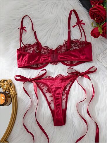 SOLY HUX Women's Floral Embroidery Mesh Lingerie Set Sheer Underwire Bra and Tied Side Thong Sets Pure Burgundy Small in Saudi Arabia